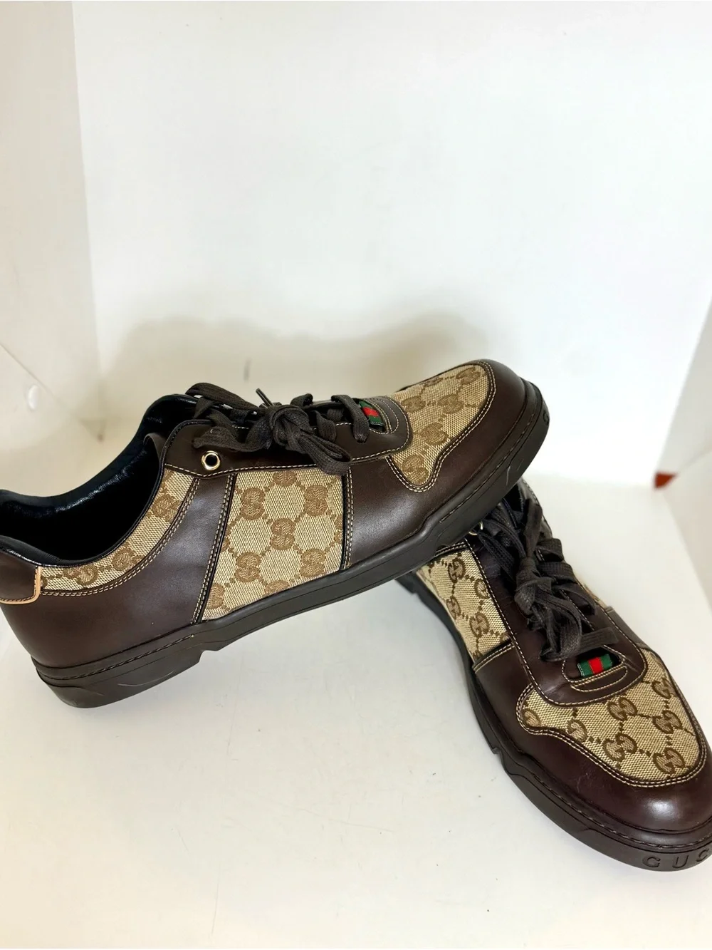 Gucci Brown GG Canvas & Dark Brown Leather Sneakers with Green-Red Web Size 8